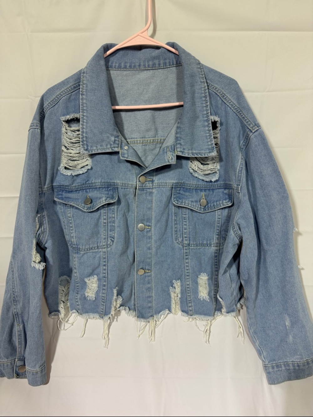 SHEIN Light Blue Distressed Cropped Denim Jacket